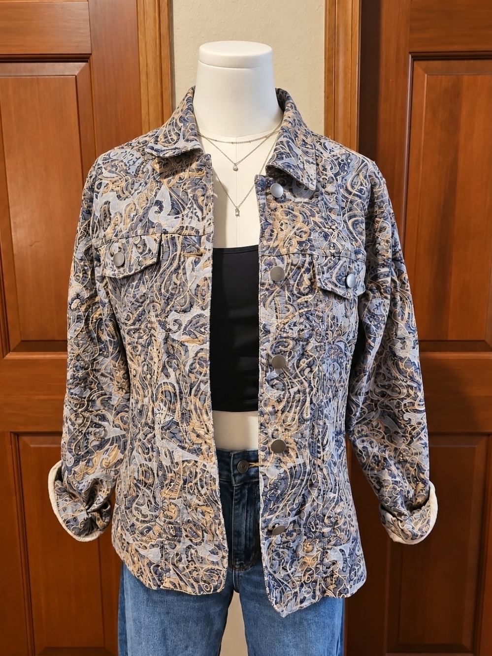 Analog Paisley-Print Jean Jacket in Blue and Tan